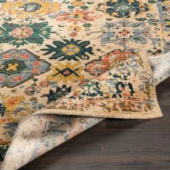 SURYA HUSINA WOOL RUG: WHEAT, EMERALD MULTI
