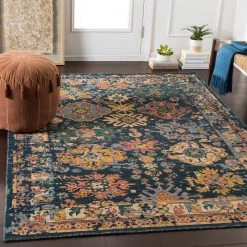 SURYA HUSINA WOOL RUG: NAVY, SAFFRON MULTI