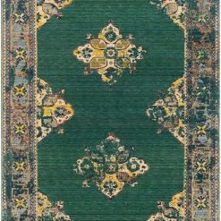SURYA ESTELLE WOOL RUG: EMERALD, SAFFRON, DENIM