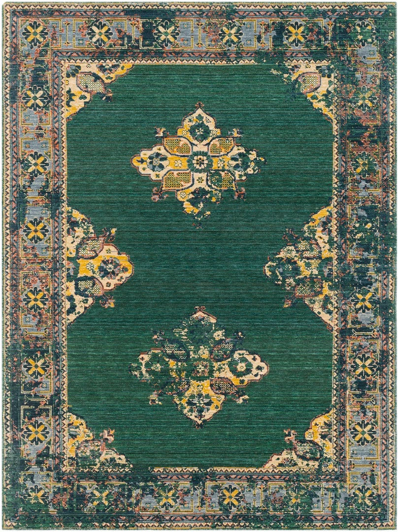 SURYA ESTELLE WOOL RUG: EMERALD, SAFFRON, DENIM 1 SURYA ESTELLE WOOL RUG: EMERALD, SAFFRON, DENIM