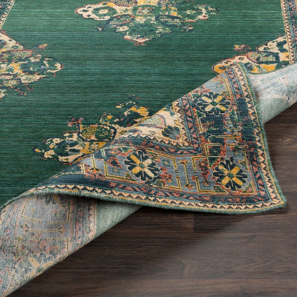 SURYA ESTELLE WOOL RUG: EMERALD, SAFFRON, DENIM 2 SURYA ESTELLE WOOL RUG: EMERALD, SAFFRON, DENIM
