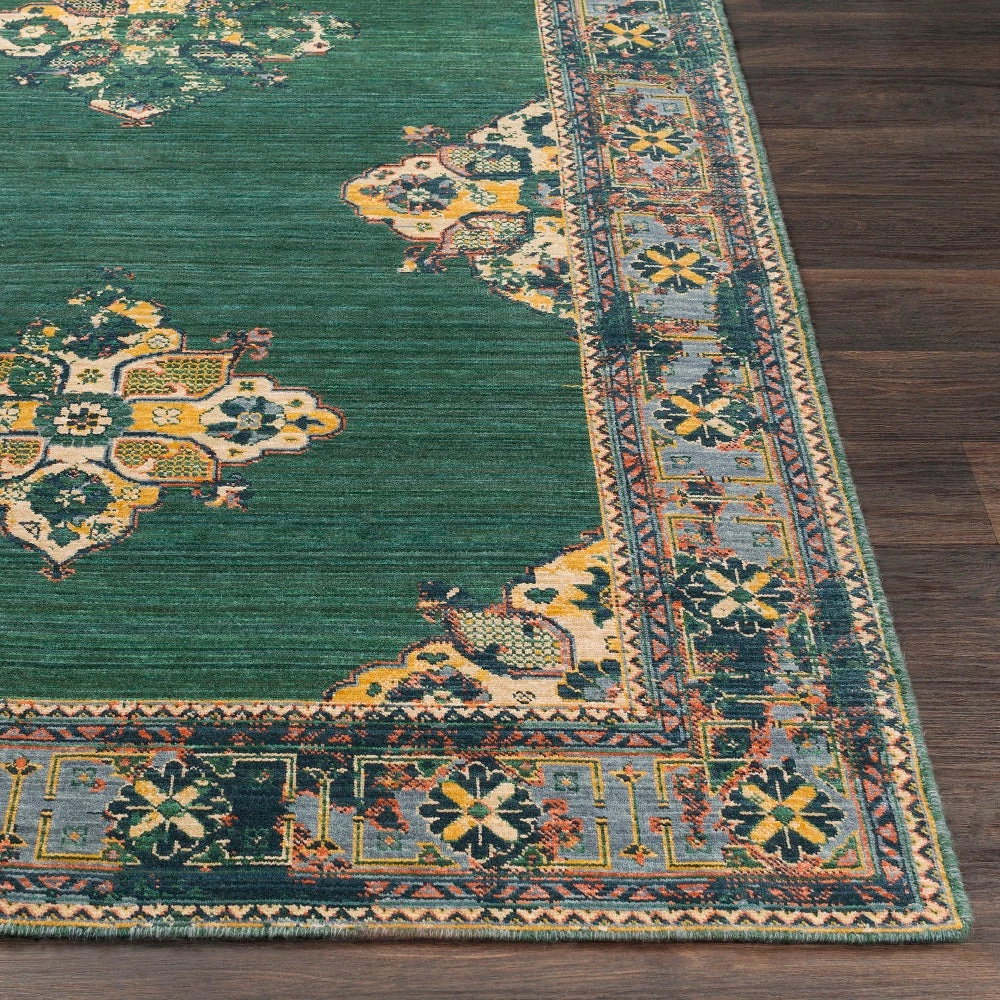 SURYA ESTELLE WOOL RUG: EMERALD, SAFFRON, DENIM 3 SURYA ESTELLE WOOL RUG: EMERALD, SAFFRON, DENIM
