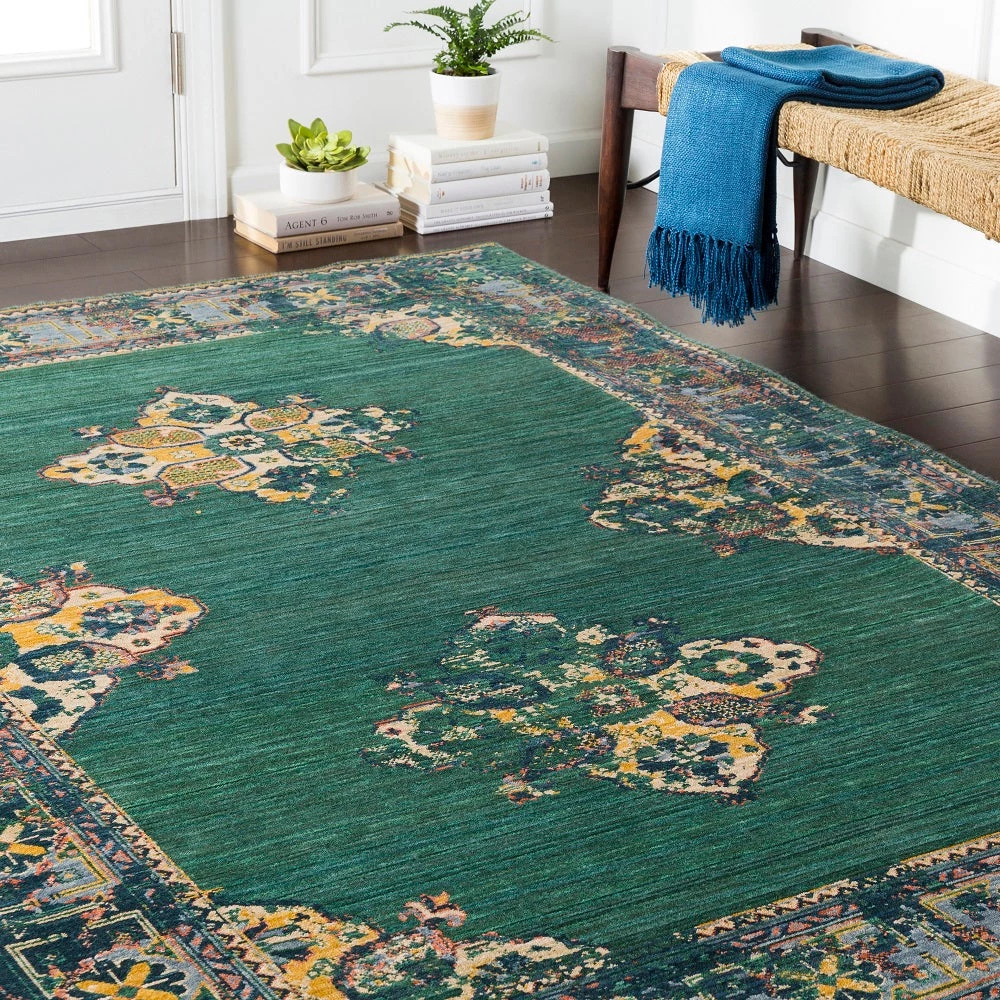 SURYA ESTELLE WOOL RUG: EMERALD, SAFFRON, DENIM 4 SURYA ESTELLE WOOL RUG: EMERALD, SAFFRON, DENIM