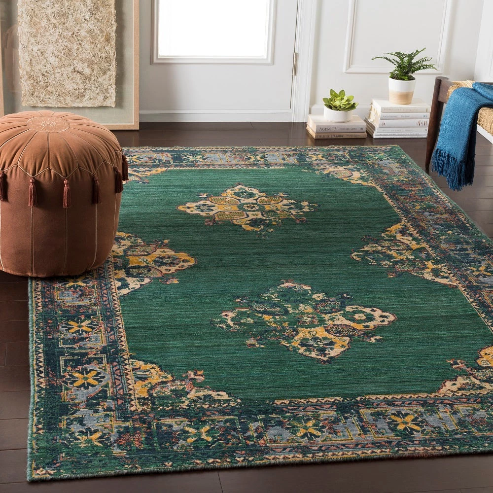 SURYA ESTELLE WOOL RUG: EMERALD, SAFFRON, DENIM 5 SURYA ESTELLE WOOL RUG: EMERALD, SAFFRON, DENIM
