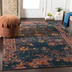 SURYA MIQUELLA WOOL RUG: NAVY, ORANGE MUTLI