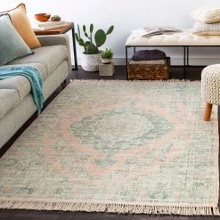 SURYA SOPHIE DISTRESSED VINTAGE PRINT RUG: APRICOT, SAGE