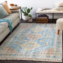 SURYA NEVAEH DISTRESSED VINTAGE PRINT RUG: BLUE, ORANGE
