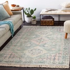 SURYA NEVAEH DISTRESSED VINTAGE PRINT RUG: SAGE, PINK